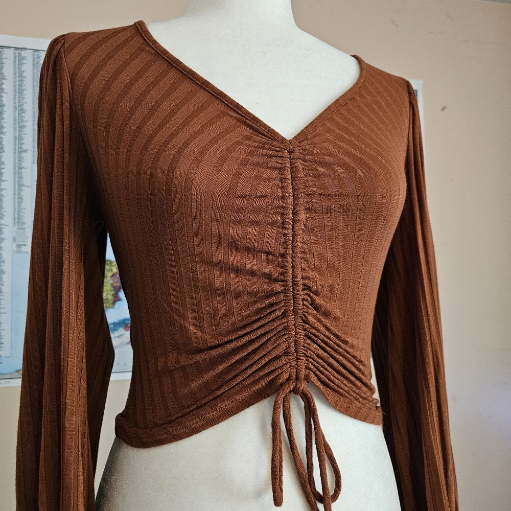 Rust Orange Ribbed Drawstring Top small - Picture 2 of 8